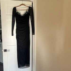 House of CB Black Long Sleeve Sheer Mesh Draped Maxi Dress